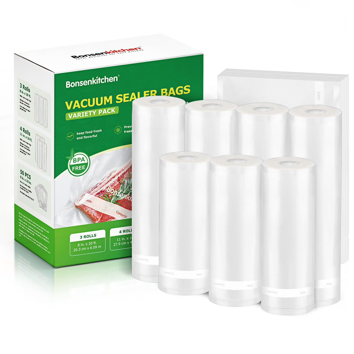 Bonsenkitchen Vacuum Sealer Bag Variety Pack – 7 Rolls & 50 Precut Bags | Nuvero Homz