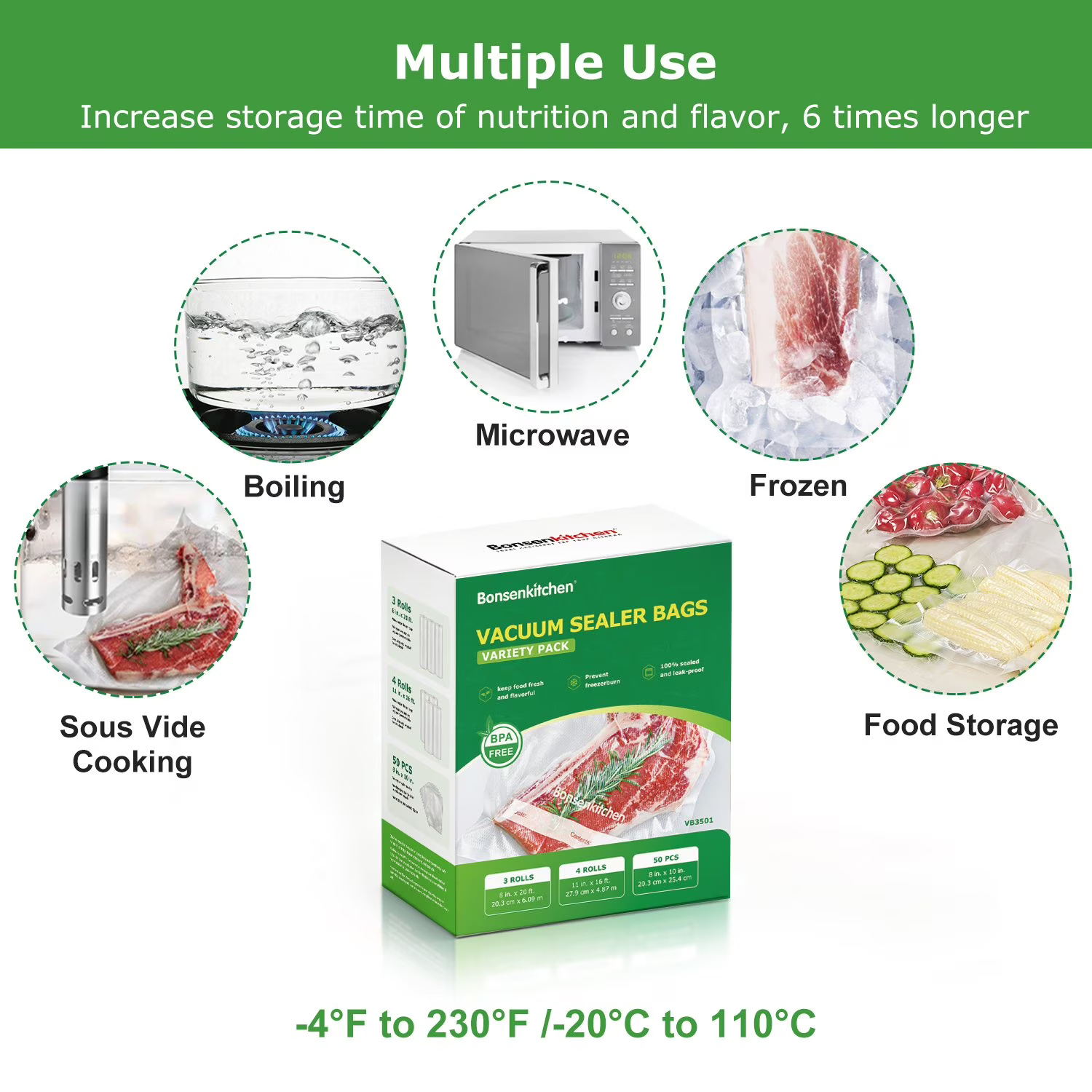 Bonsenkitchen Vacuum Sealer Bag Variety Pack – 7 Rolls & 50 Precut Bags | Nuvero Homz - Image 2